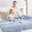 Cozy Bliss Faux Fur Throw Blanket for Couch, Cozy Warm Plush Striped Blanket for Sofa Bedroom Living Room, 108 * 90 Inches Light Blue