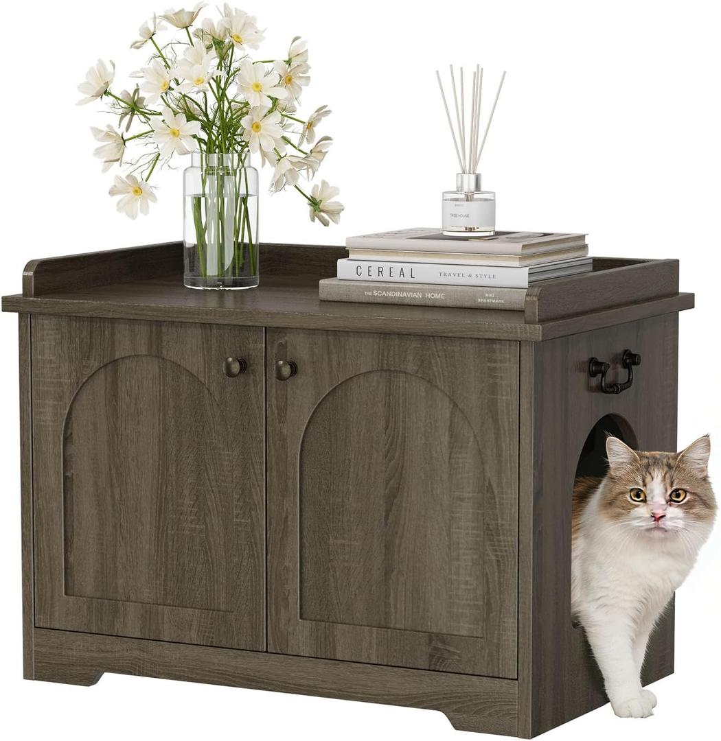 Cat Litter Box Enclosure, Hidden Litter Box Furniture with 2 Door, Pet House Fit Most of Litter Box, Dark Oak Gray, 
Size	31.5”L x 19.6”W x 22.6”H