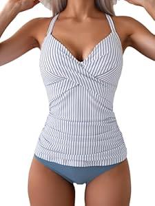 B2prity Women's Ruched Tankini Swimsuits V Neck Wrap Tie Back Two Pieces Bathing Suit Tummy Control Swimwear(Blue Striped), M