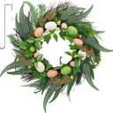 22 Inchs Spring Easter Wreath, Farmhouse Artificial Spring Wreath, Decor with Colorful Easter Eggs, Brown Fabric Strips & Green Eucalyptus Leaves, for Door Wall Window Fences (03 Dark Green - Bucolic)