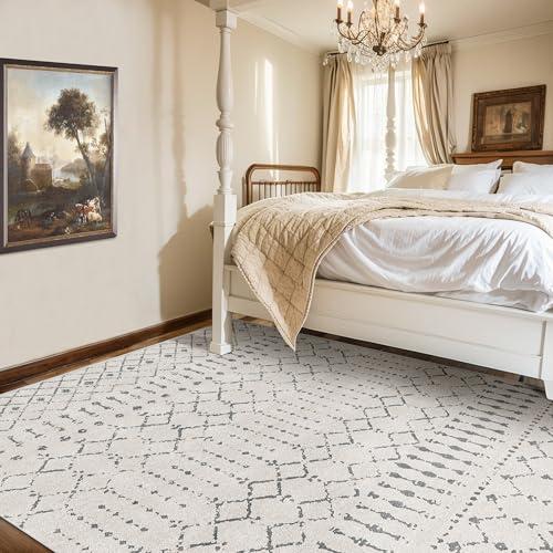 Deerly 5x7 Area Rugs for Living Room, Washable Rugs Moroccan Boho Farmhouse Rug with Non-Slip Backing, Soft Low Pile Indoor Floor Carpet Neutral Rug for Bedroom Dining Room, Off White/Grey