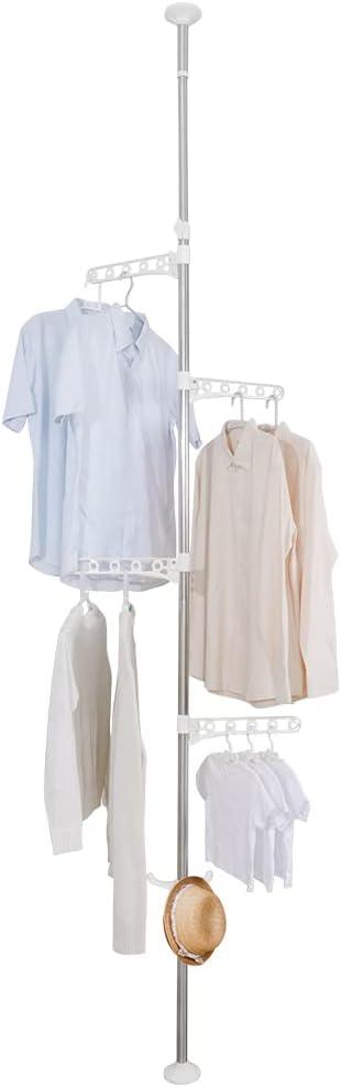 Hershii Adjustable Clothes Drying Rack Indoor Balcony Laundry Storage Organizer Shelf Garment Coat Display Hanger Stand DIY Floor to Ceiling Telescopic Tension Pole Tidy Rail - Ivory (Adjustable Height: 68.9-137.80 Inch, Ivory With 5 Arms & 1 Hook)