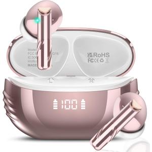 Wireless Earbuds Bluetooth 5.4 Headphones Premium Sound Ear Buds with ENC Noise Cancelling, 48H Playback in Ear Earphones with LED Display, IPX7 Waterproof Earbuds for iOS Andriod, Rose Gold