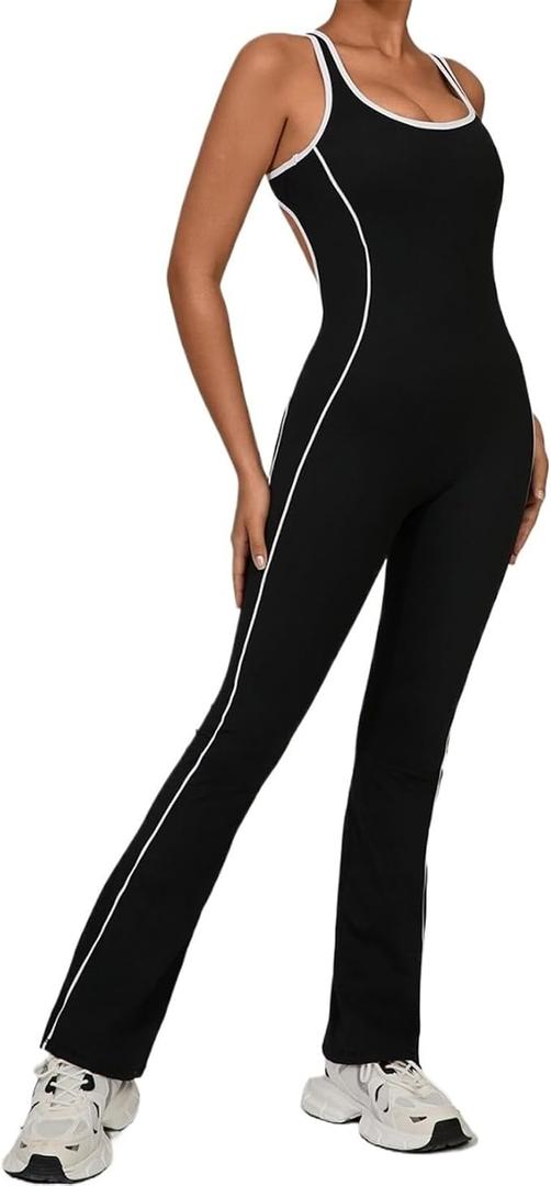 Womens Tank Tops Flare Jumpsuit with Bra Backless Running Sports Romper Tummy Control Butt Lift Unitard Size M