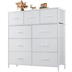 Dresser for Bedroom with 9 Drawers, Anti-Tip Fabric Storage Tower, Wood Top and Metal Frame Organizer for Clothes, Closet, Entryway, Hallway Furniture,White