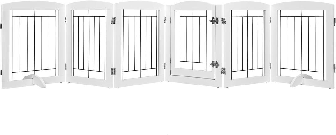 Spirich Extra Wide Dog Gates with Walk Through Door, Wooden Freestanding Pet Gates for Stairs, Doorways, 120" Wide Safety Fence with 6 Panels (White) (White)