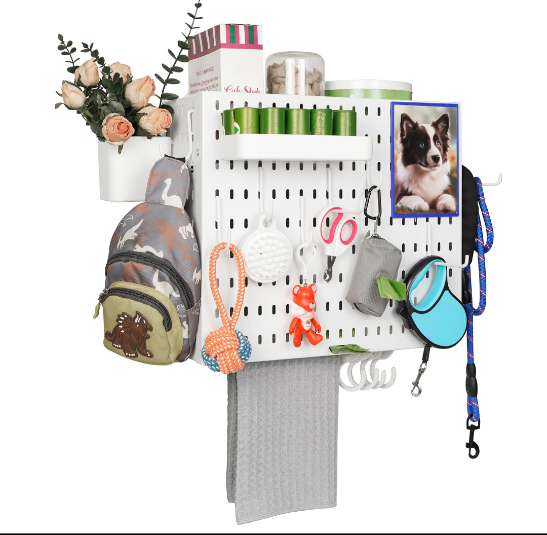 Pet Supply Storage Organizer Wall Mount Adjustable Metal Storage Shelving Unit, 16 Hooks, Tray, Mesh Bag For Holding Dog Toys, Treats, Coats | Dog Leash Holder For Wall with Shelf, 16 Inch Wide, White