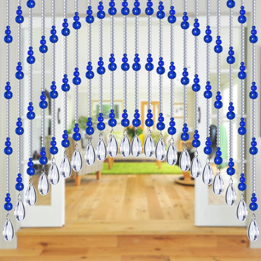 Crystal Beaded Door Curtain Self-Adhesive, Door String Beads Curtains for Doorways Hippie Window Closet Door Way Bead Hangings Curtain (Blue, 25 Strings)