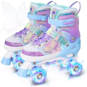 MammyGol Kids Roller Skates for Girls or Boys, Adjustable Roller Skates for Children with Beautiful Butterflies, Beginners Light up Quad Skates Indoor Outdoor (Butterfly-Purple) 10c-13c (S)