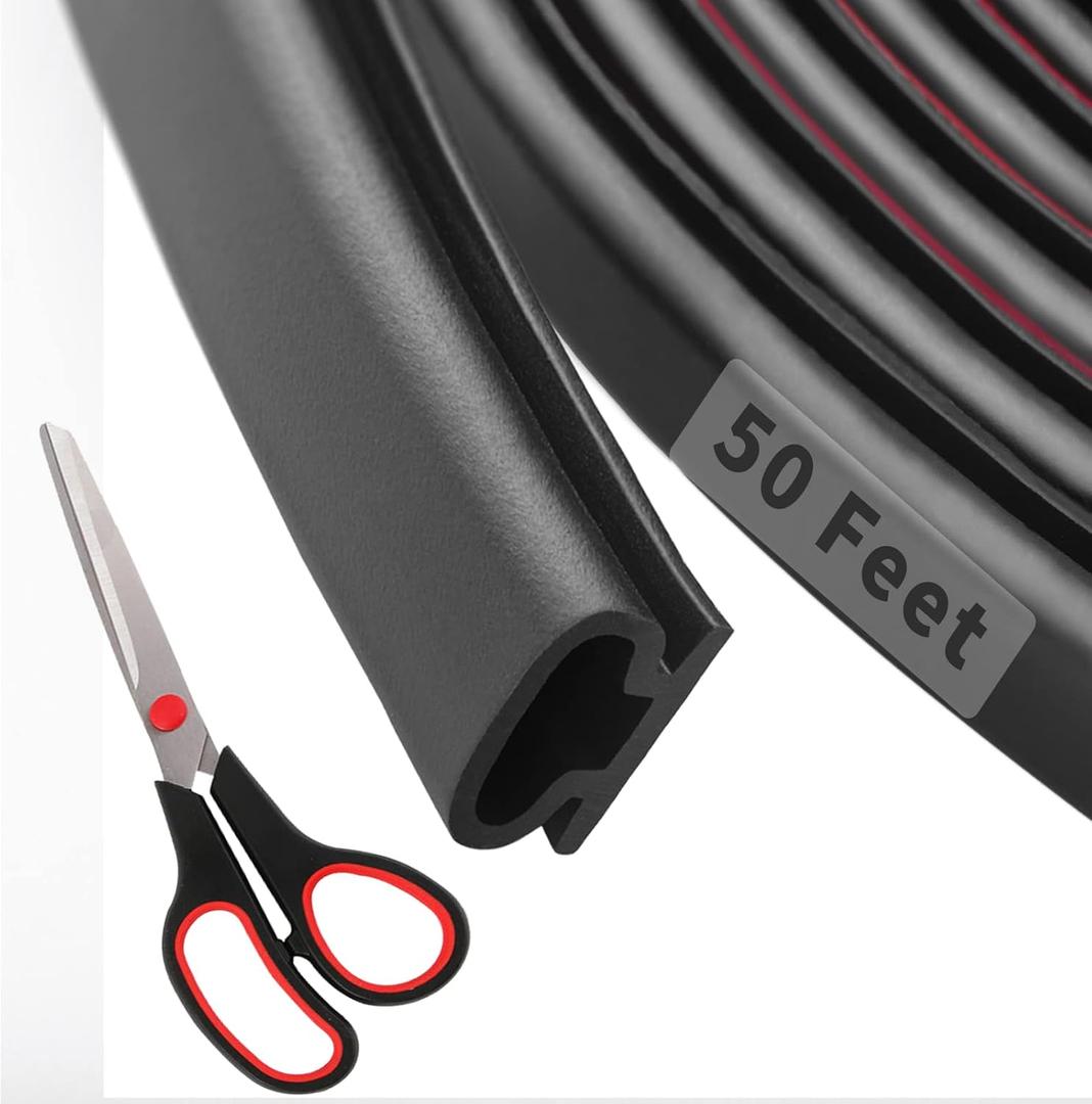 50 Feet D-Shape Rubber Weather Stripping Door Seal Strip, Fingwerk Self-Adhesive Backing Door Weatherstripping for Door Frame Insulation Large Gap, Easy Cut to Size with Tailor Scissors(Black)