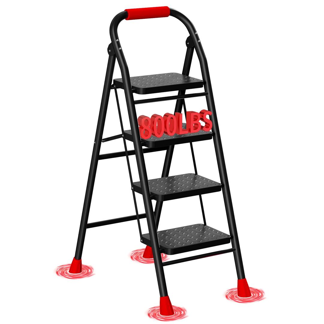 4 Step Ladder, Foldable Step Stool with Wide Anti-Slip Pedal & Thick Rubber Feet, Cushioned Handle, Safe-Lock Design, Folding Portable Ladder for Multi-Purpose, 800lb, Black Red