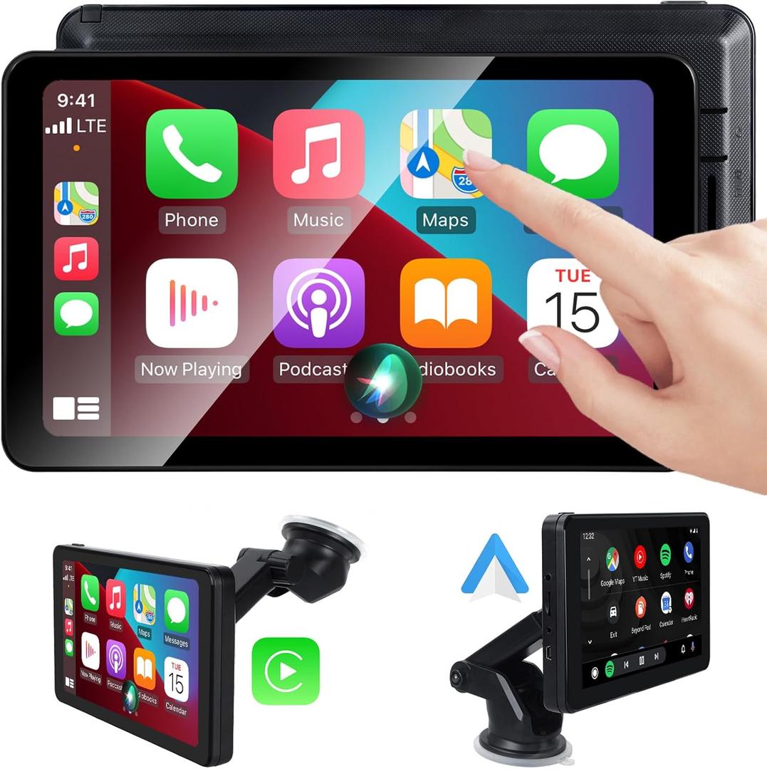 Wireless CarPlay Screen Android Auto for Car, 7" Touch Screen Naivgation Portable Car Stereo CarPlay Bluetooth Mirror Link, Siri, AirPlay, AUX, Voice Assistant for All Vehicles Upgrade