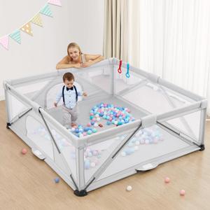 Foldable Baby Playpen, Yobear Playpen for Babies and Toddlers with 50 PCS Ocean Balls & 2 Handles, Indoor & Outdoor Kids Safety Play Pen Area, Portable Travel Play Yard (Grey, 79"  71")