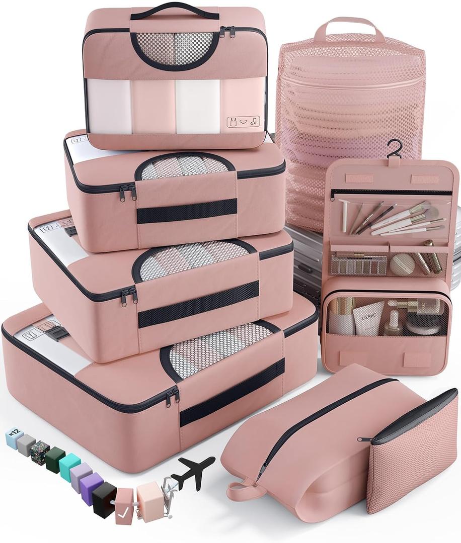 Veken 8 Set Packing Cubes for Travel Essentials, Suitcase Organizer Bags in 4 Sizes, Carry-On Luggage Accessories with Large Laundry & Hanging Toiletry Bag, Must-Have for Airplane, Road Trip & Camping