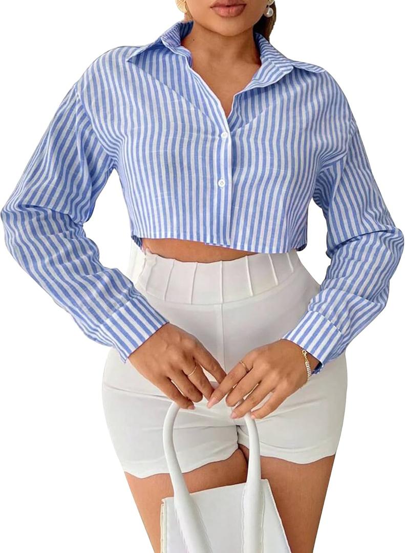 SUNNOW Women's Loose Striped Long Sleeve Shirt Cropped Long Sleeve Tops (Blue, S)