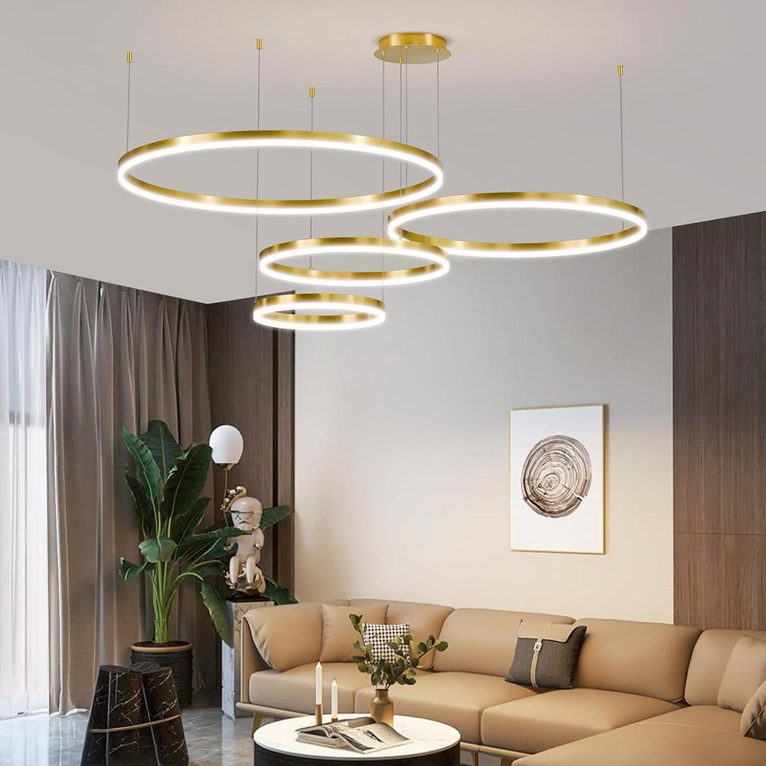 Modern Ceiling Chandelier Light, with Remote Control Dimmable 3 Color Mode & Brightness Ceiling Lamp, Anti-Flicker Dining Light Fixture for Kitchen, Dining Room(Gold) (11.8+15.7+23.6+31.4in)