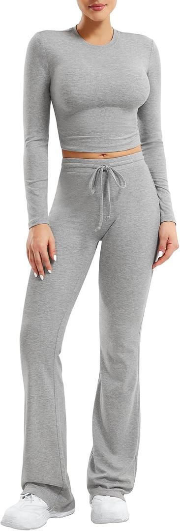 YEOREO Two Piece Sets for Women Long Sleeve Tops Lounge Set Drawstring Wide Leg Pants Ava Matching (Gray, XL)
