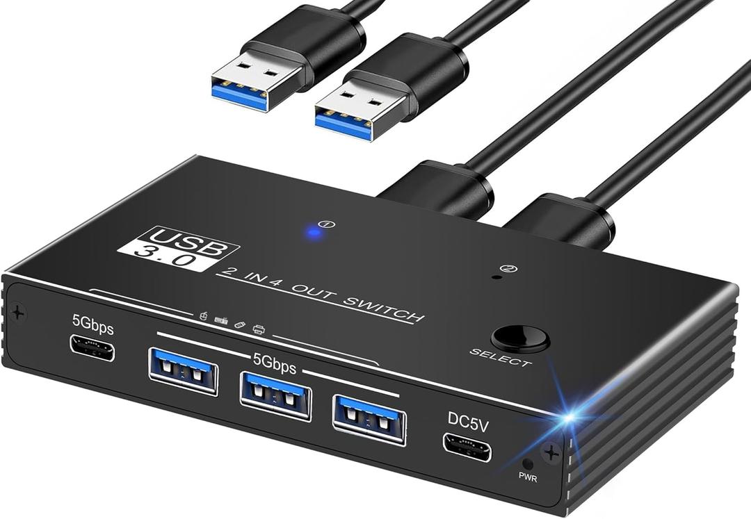 USB 3.0 Switcher 2 Computers Sharing USB C & A Devices, 4 Port Sharing Keyboard and Mouse, Scanner/Printer with 2 USB-A to A Cables