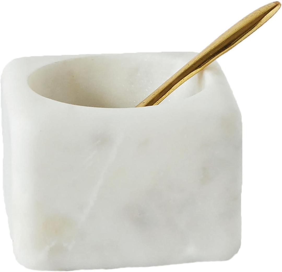Creative Co-Op Square Marble Bowl with Brass Spoon, White