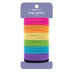 Amazon Basics No Damage Elastic Hair Ties, Ponytail Holders for Thick Hair, No Pull, Secure Hold, Snag-Free, Bright 4 MM Elastics for All Types, 32 Count