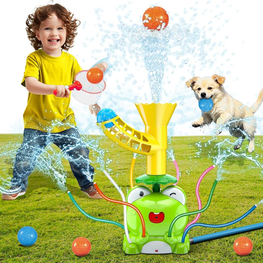 VATOS Kids Outdoor Water Play Sprinklers, 2 in 1 Frog Sprinkler Spinning Spray Game & Catch Ball Game, Toddler Summer Water Play Set, Splash Water Play Toys for Boys Girls Dogs Pets Backyard Garden