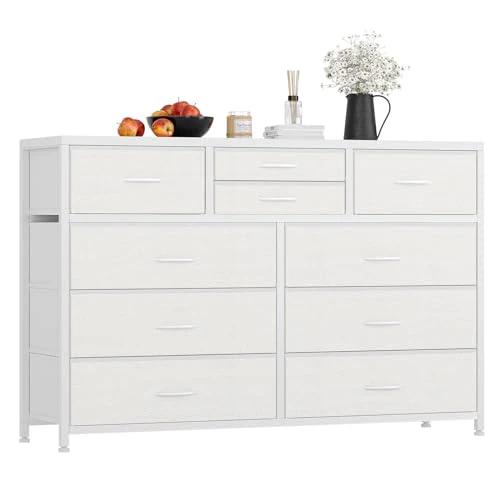 Garvee Wide 10 Drawer Dresser,TV Stand Entertainment Center Fabric Storage Dressers Drawers for Bedroom, Hallway, Nursery, Closets, Steel Frame, Wood Top (White)