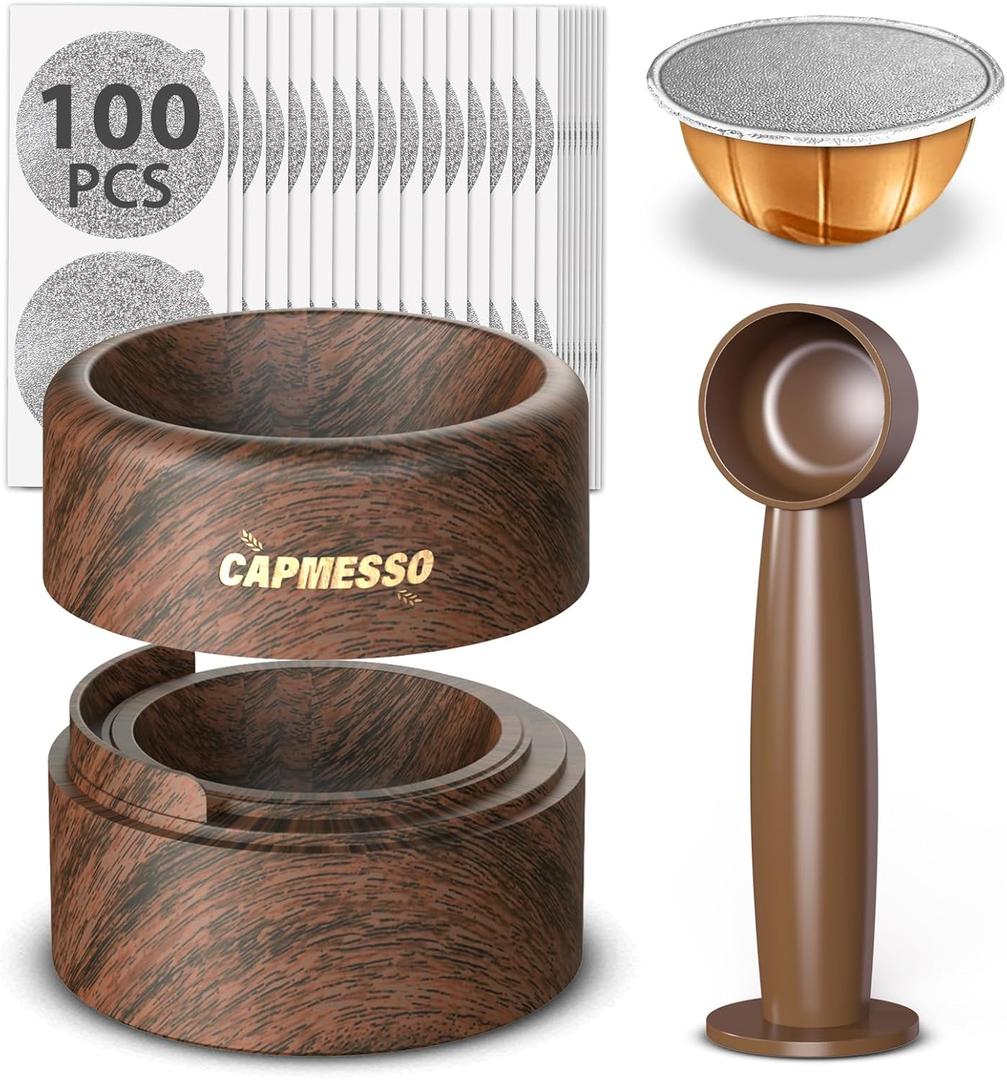 Reusable Vertuo Pod Refill Kit for Nespresso: Reusable Vertuo Capsule for Nespresso/Coffee Pods Vertuoline with 100 Aluminum Foil Lids for Any Size of Vertuo Plus Espresso Pod- Wood Grain Holder