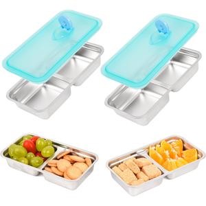 2Pcs Grab and Go Snack Containers Stainless Steel, Reusable Double Compartment Food Storage, Condiment Container with Lids - Perfect for Snacks, Dips, Travel, Camping & Takeout
