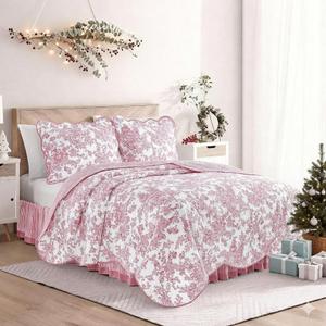 Wonderful 100% Cotton Pink Floral Quilt Set Twin Size Bedding Sets with Pillow Sham and Bed Skirt, 3 Pieces Floral Bedspread Coverlet Set, Quilted Blanket Bed Cover for All Season, 66"x86"