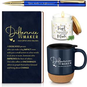 Vesici 4 Pcs Difference Maker Gift for Women Men Difference Maker Mug Notebook Candle Motivational Pen Employee Appreciation Gift for Teacher Mother Father Nurse Coworker Secretary (Navy Blue,Word)