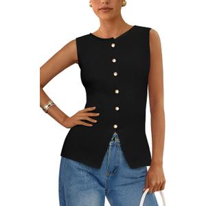PRETTYGARDEN Women's Sweater Vest Button Down Summer Tank Tops 2025 Sleeveless Knit Vests Fashion Business Casual Outfits (Large, Black)