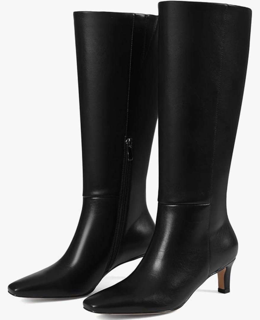 Knee High Long Boots for Women Narrow Calf Kitten Low Heel Square Toe Leather Fall Winter Fashion Tall Boot Side Zipper Dress Shoes 9