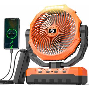 3-in-1 Camping Fan - Detachable Rechargeable Battery Operated Fan with Light & Hook for Tent, Outdoor - USB Table Fan with 4 Speeds for Picnic, BBQ, Fishing, Travel, Hurricane (Orange)