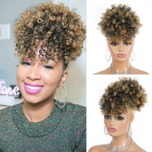 Afro Puff Drawstring Ponytail with Curly Hair Clip in Bangs Short Natural Hair Curly Ponytail Extension for Women (T27)