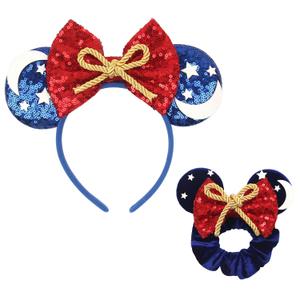 zhezesmila Mouse Ears Headband and Scrunchies Velvet Hair Accessories for Women Shiny Headband and Mic Ears Scrunchies for Birthday Party