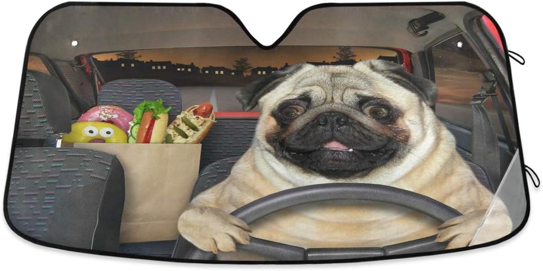 Fun Pug Dog Driving Car Windshield Sun Shade Foldable UV Ray Sun Visor Protector Sunshade to Keep Your Vehicle Cool (55" x 27.6") (multi 14)