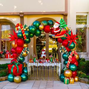 Christmas party Decorations with Emerald Green Red and Gold balloon arch & Santa Candy Cane Star 4D Square gift ribbon foil balloons for Winter Christmas new years eve party Decorations