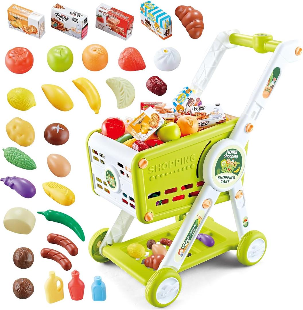 Supermarket Shopping Cart for Kids, 31PCS Shopping Trolley Cart Toy with Play Food Shop Accessories, Pretend Play Shopping Basket Grocery Store Games for Toddlers Boys Girls Ages 3+ (Green)