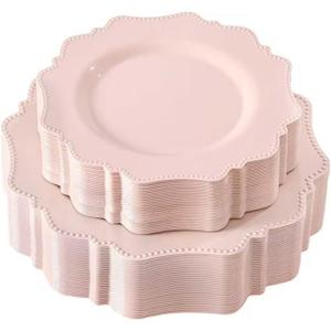COLOSUS 60 Pack Pink Plastic Plates Set for 30 Guest,Pink Party Plates,Heavy Duty Pink Plates,include 30 Dinner plates& 30 Salad/Dessert plates for Party,Spring,Wedding,Birthday,Valentines,Easter Day