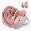 LOVEVOOK Travel Makeup Bag for Women, 2Pcs Set Puffer Waterproof Cosmetic Organizer, Large Capacity Pouch Open Flat Toiletry Bag with Divider & Handle, Portable Gift for Her, Pink