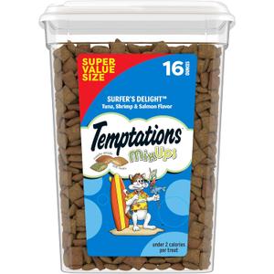 Temptations Cat Treats MixUps Surfer's Delight, Tuna, Shrimp, Salmon Flavor, Crunchy and Soft Cat Treats, 16 oz. Tub (EXP 06/11/26)