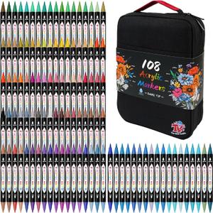 TBC The Best Crafts 108 Colors Dual Tip Acrylic Paint Markers, Double Zipper Design Topgrade Canvas Bag, Waterproof, Non-Toxic, Odorless, Suitable for Paper, Pottery, Stones, Glass, Outdoor Painting