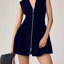 Womens V Neck Summer Dress Cap Sleeve Zipper Mini Dress Smocked Slit Dress with Pockets (Blue, L)