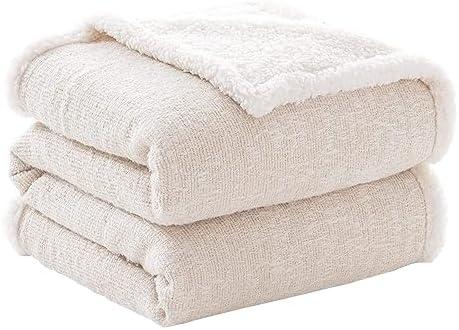 SE SOFTEXLY Throw Blanket, Reversible Sherpa Blanket with 30% Wool and 70% Cotton, Fuzzy Plush Fluffy Soft Blanket, Fall Winter Blanket for Couch Bed Sofa Chair (Cream, 50" x 60")