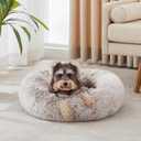 WESTERN HOME WH Calming Dog & Cat Donut Cuddler, Anti-Anxiety Warming Cozy Soft Round Bed, Fluffy Faux Fur Plush Cushion for Small Medium Dogs and Cats (24.0"L x 24.0"W x 7.0"Th, White Khaki)