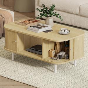 FROMJBEST 39.17" Oval Coffee Table with Sliding Doors, Mid-Century, Oak