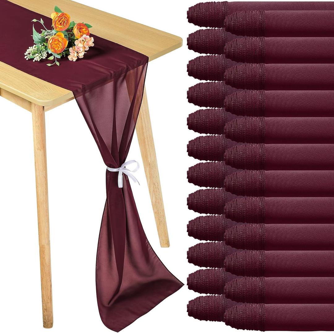 Chumia 24 Pack Chiffon Table Runners Romantic Sheer Table Decorations Long Tulle Runner for Wedding Bridal Shower Party Supplies Decor, 118 x 12 Inches (Burgundy)