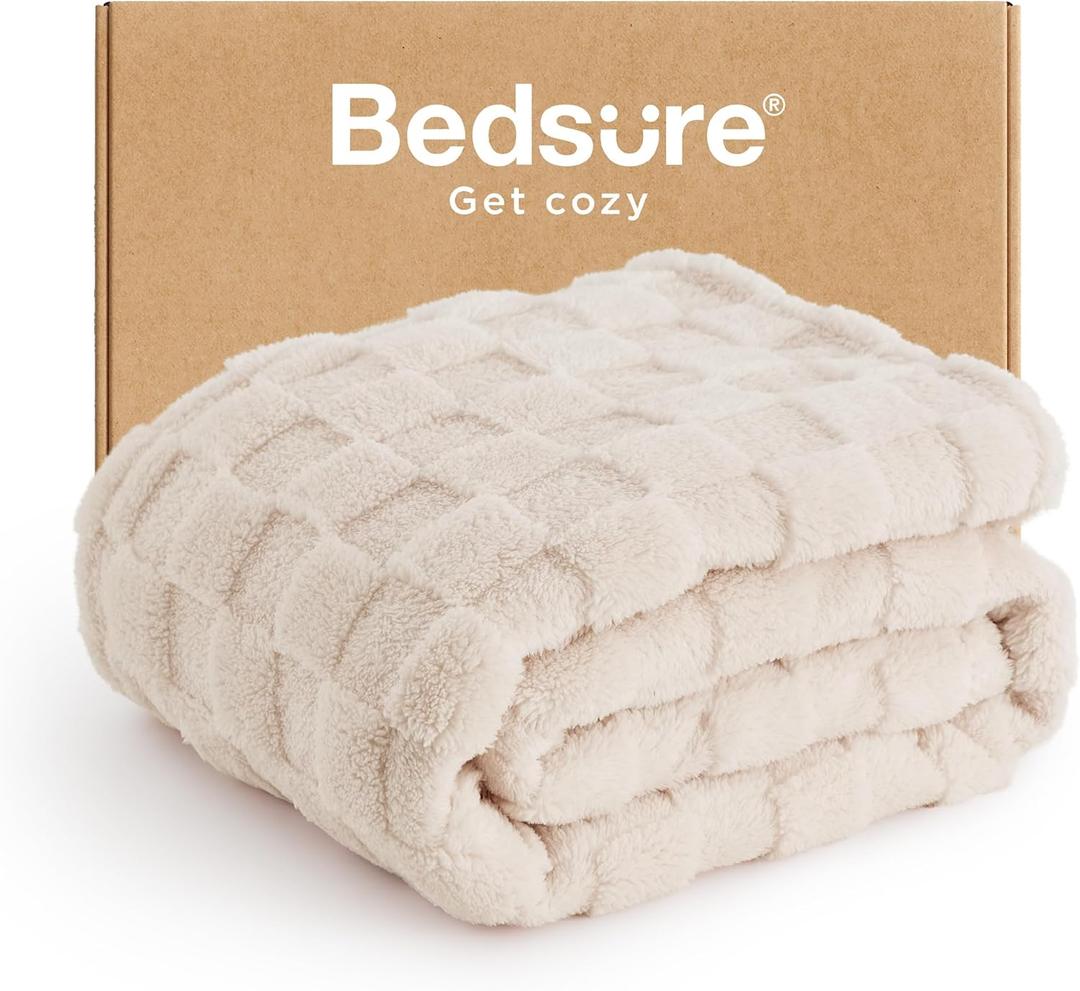 Bedsure Light Beige Fleece Blanket for Couch - Checkered Throw Blanket for Women, Cute Soft Cozy Throw for Girls, 50x60 Inches