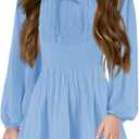 Batermoon Girls Long Sleeve Square Neck Casual Boho Smocked Short Dresses 5-14 Years (Blue, XXL)