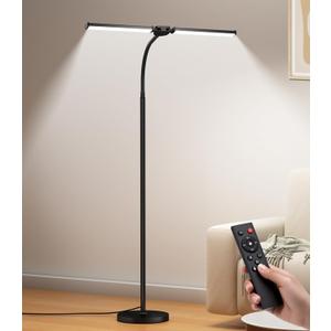 LED Floor Lamp for Living Room, Bright Reading Lamps for Office, Adjustable Colors Temperatures&Brightness, Dual Head Goose-Neck Standing Lamp, Remote and Button Control, Eye Caring Tall Lamp, Black